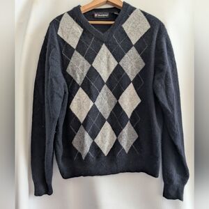 Daniel Bishop Cashmere Argyle Black Grey Knit V-Neck Pullover Sweater - XL